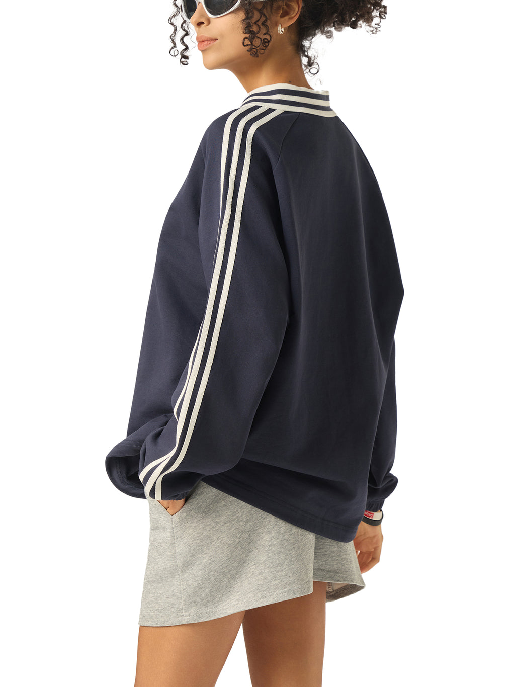 DRAYLO Striped Lapel Collar Sweatshirt